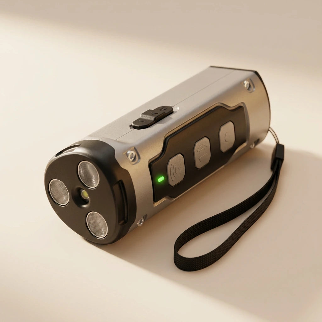 QuietPaws PRO ultrasonic anti-barking device showing its triple-head emitter, control buttons, LED torch and wrist strap