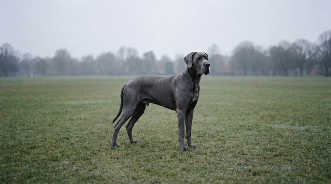 An adult blue-grey Great Dane standing side-on in open parkland under overcast light, deep chest visible in profile