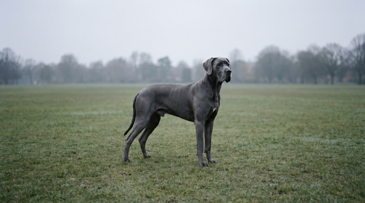 An adult blue-grey Great Dane standing side-on in open parkland under overcast light, deep chest visible in profile