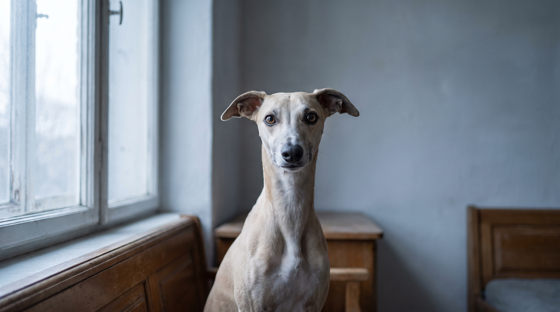 Whippet sitting indoors by a window in soft daylight