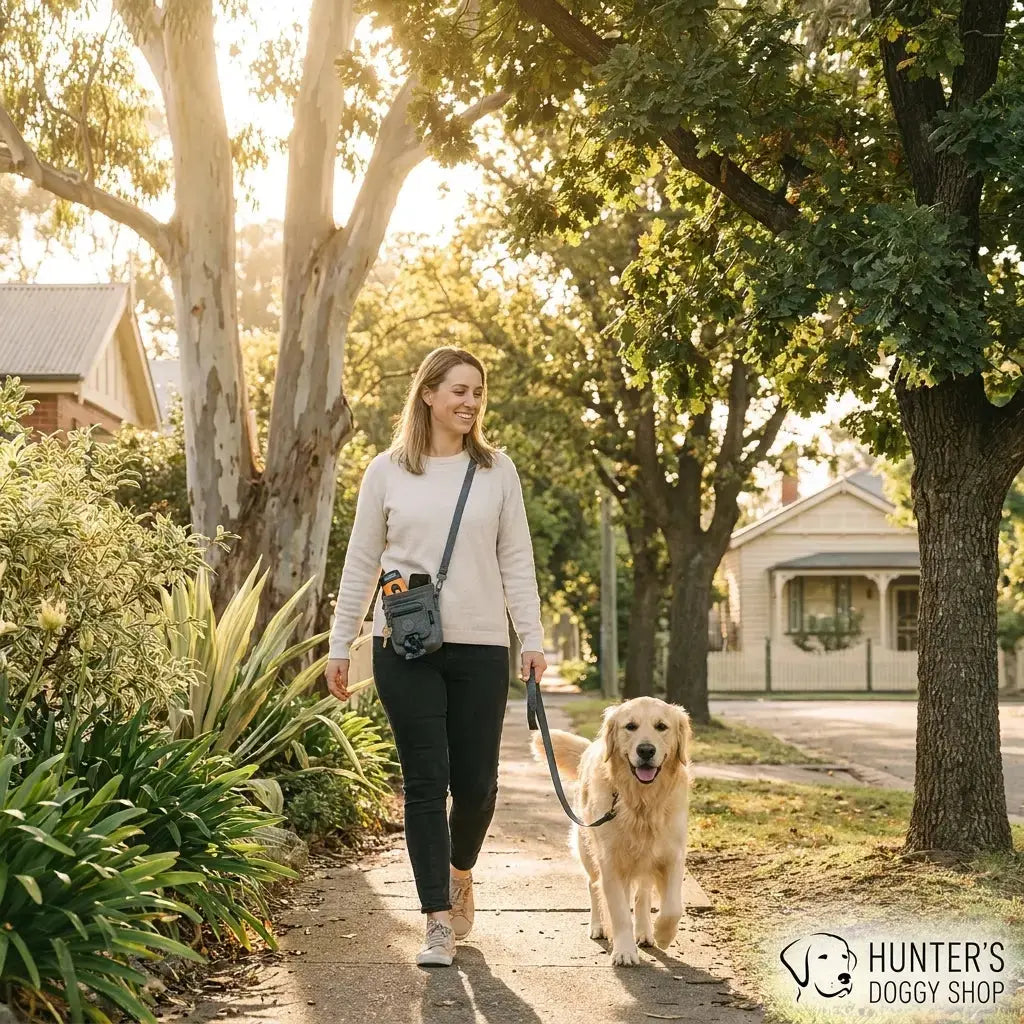 Woman walking a reactive dog on a suburban Australian street wearing the PawPouch All-In-One Walkbag on her shoulder