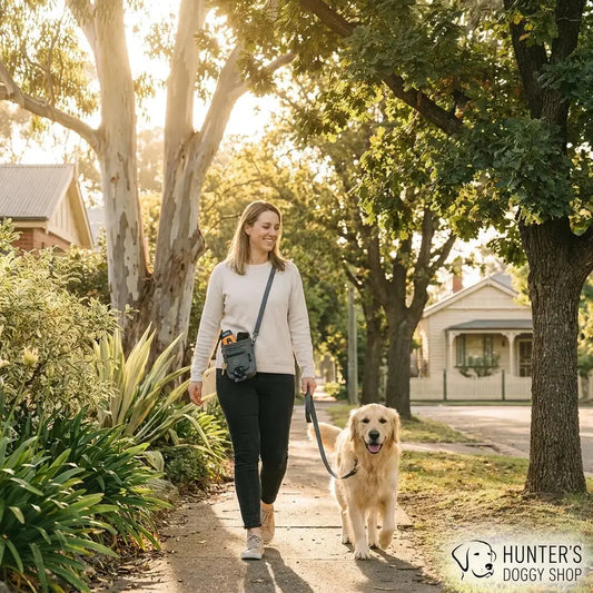 Woman walking a reactive dog on a suburban Australian street wearing the PawPouch All-In-One Walkbag on her shoulder