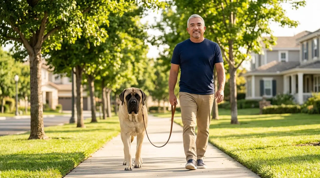 Cesar Millan the Dog Whisperer walking calmly with a dog on a loose leash