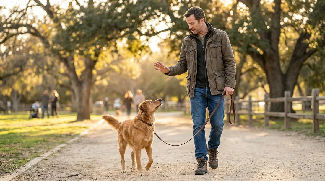 Robert Cabral training a dog on loose leash walking in an outdoor park setting