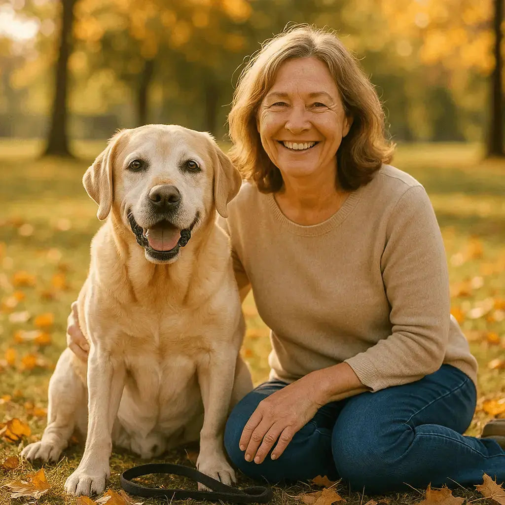 Happy senior dog enjoying a walk in the park.