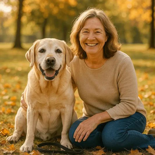 Happy senior dog enjoying a walk in the park.