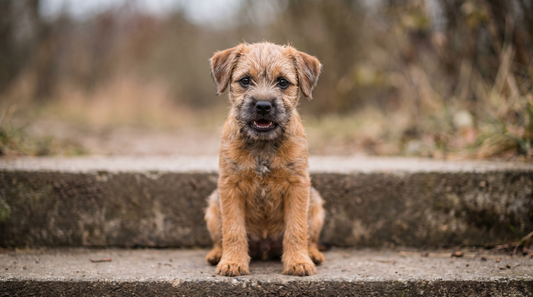 Border Terrier puppy head portrait sitting on a step outdoors