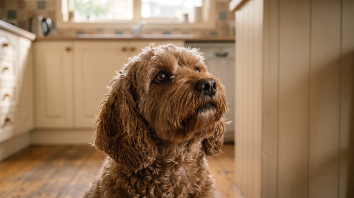 Cavoodle sitting indoors looking up and waiting attentively