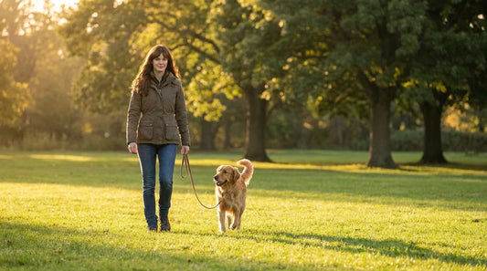 Victoria Stilwell walking a dog on a loose leash in a sunny park