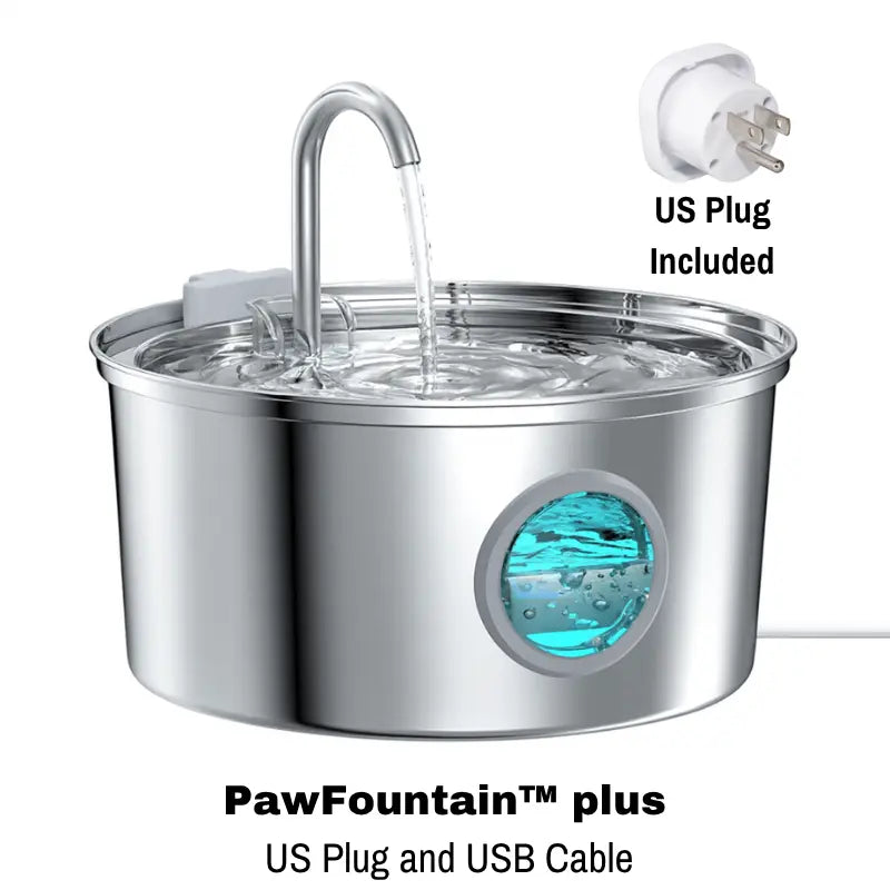 PawFountain plus pet water fountain with US plug and USB cable on a white background