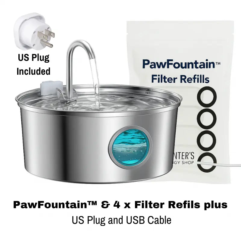 PawFountain pet water fountain with filter refills, US plug, and USB cable on a white background