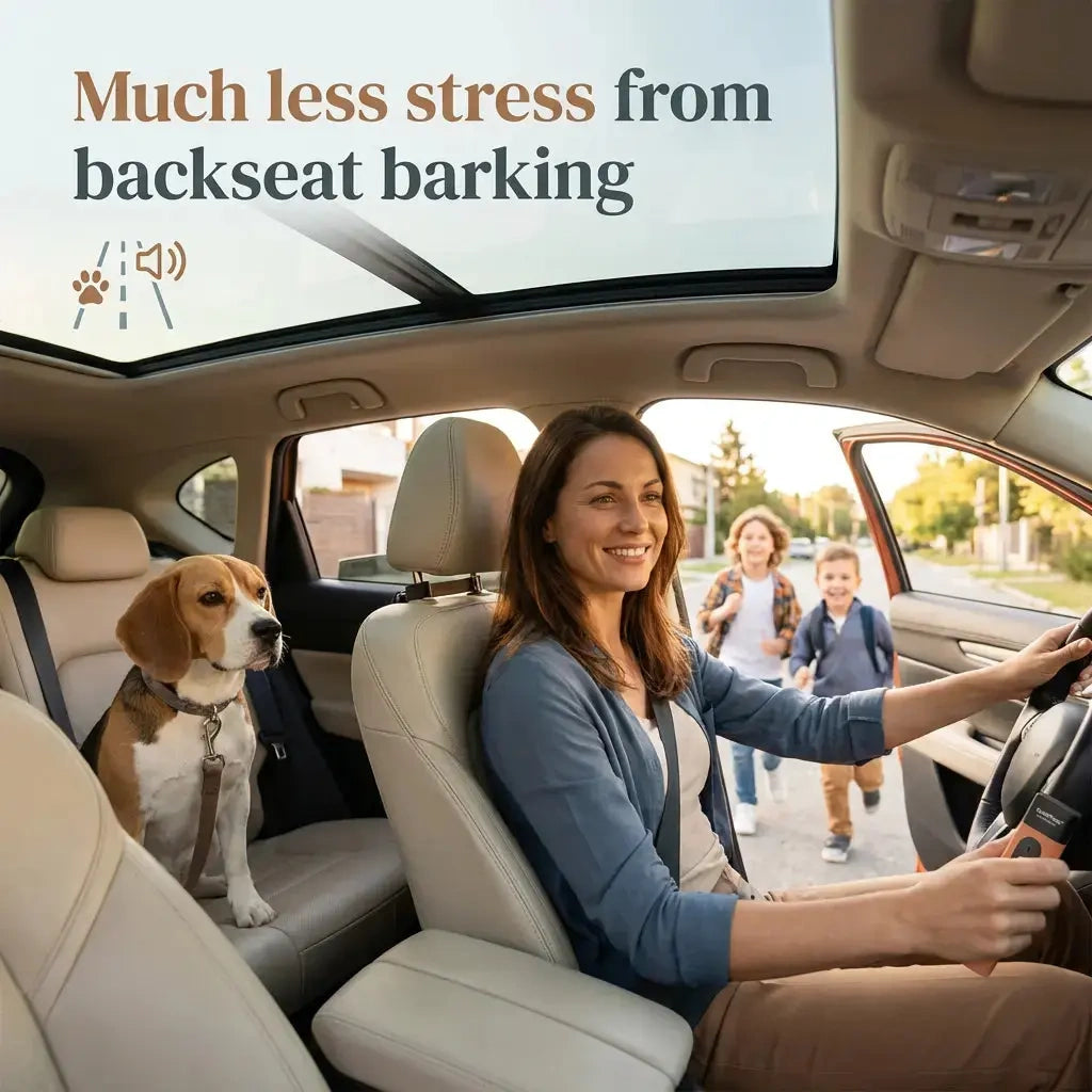 Woman driving a car with a dog in the back seat, smiling at the camera. With QuietPaws™ Gentle Bark Control in her hand to stop the barking while in the car.