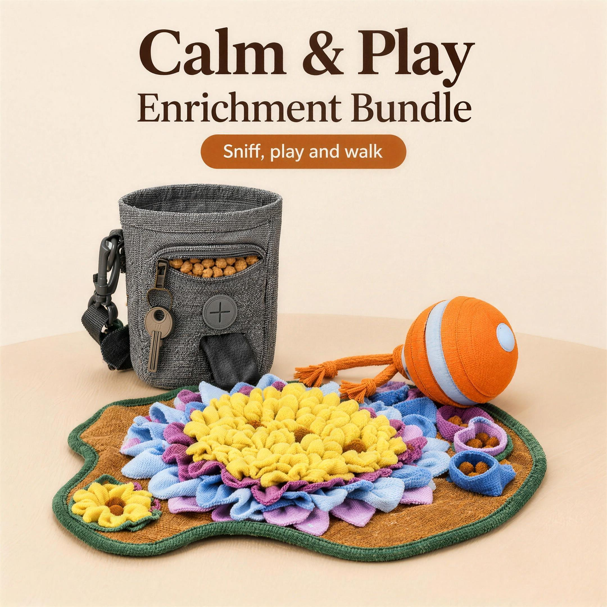 Calm & Play Enrichment Bundle with PawQuest™ snuffle mat, PawPouch™ walking bag and Zoomiball™ interactive dog ball