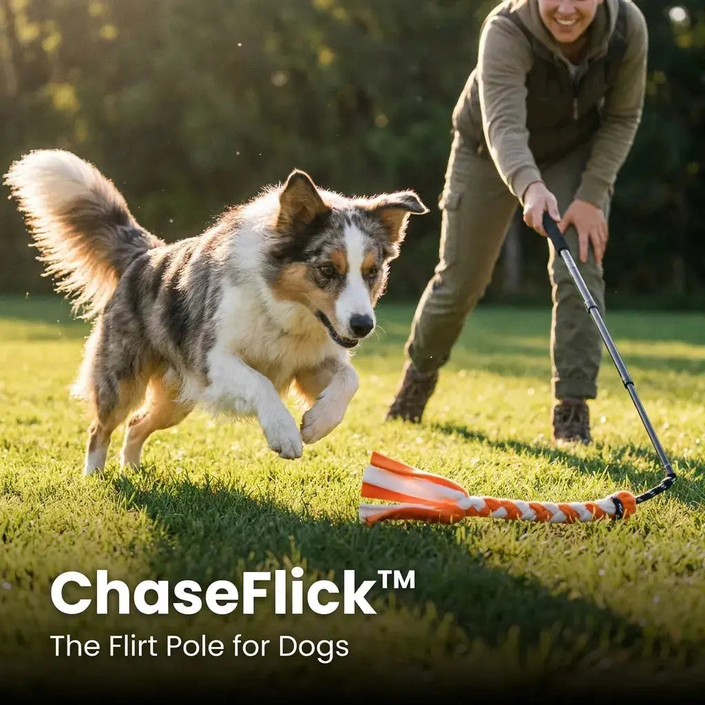ChaseFlick™ flirt pole for dogs with Border Collie chasing lure in backyard