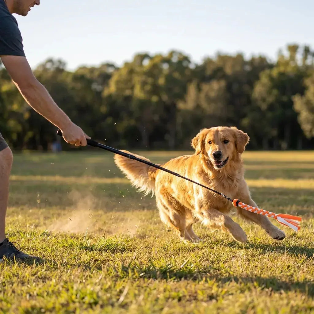 Owner training golden retriever with ChaseFlick™ flirt pole outdoors