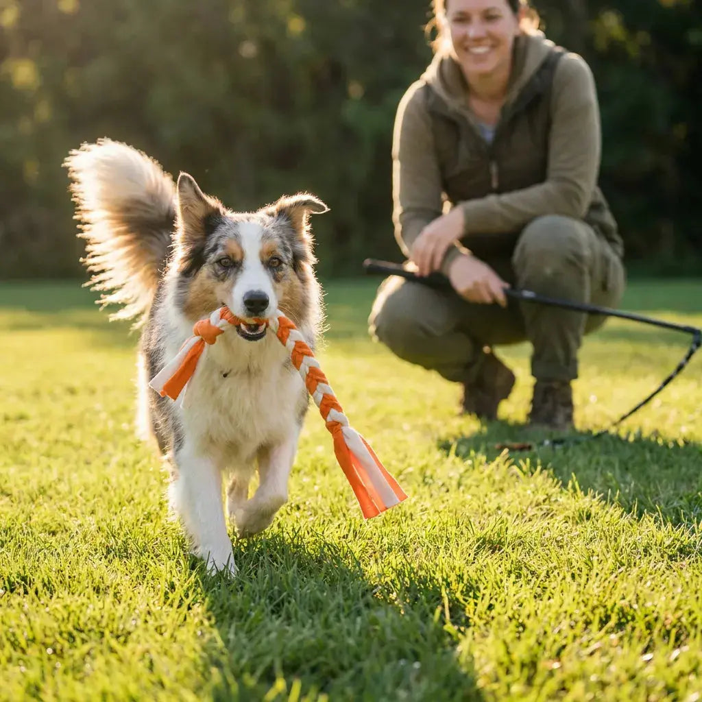 Owner playing with dog using ChaseFlick™ flirt pole on grass