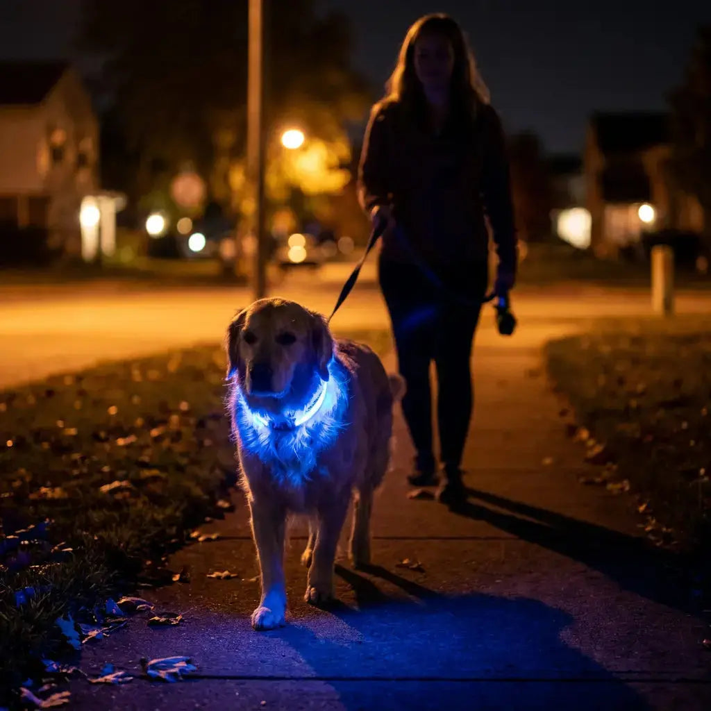 Dog wearing a blue GlowCollar™ LED collar walking at night with owner