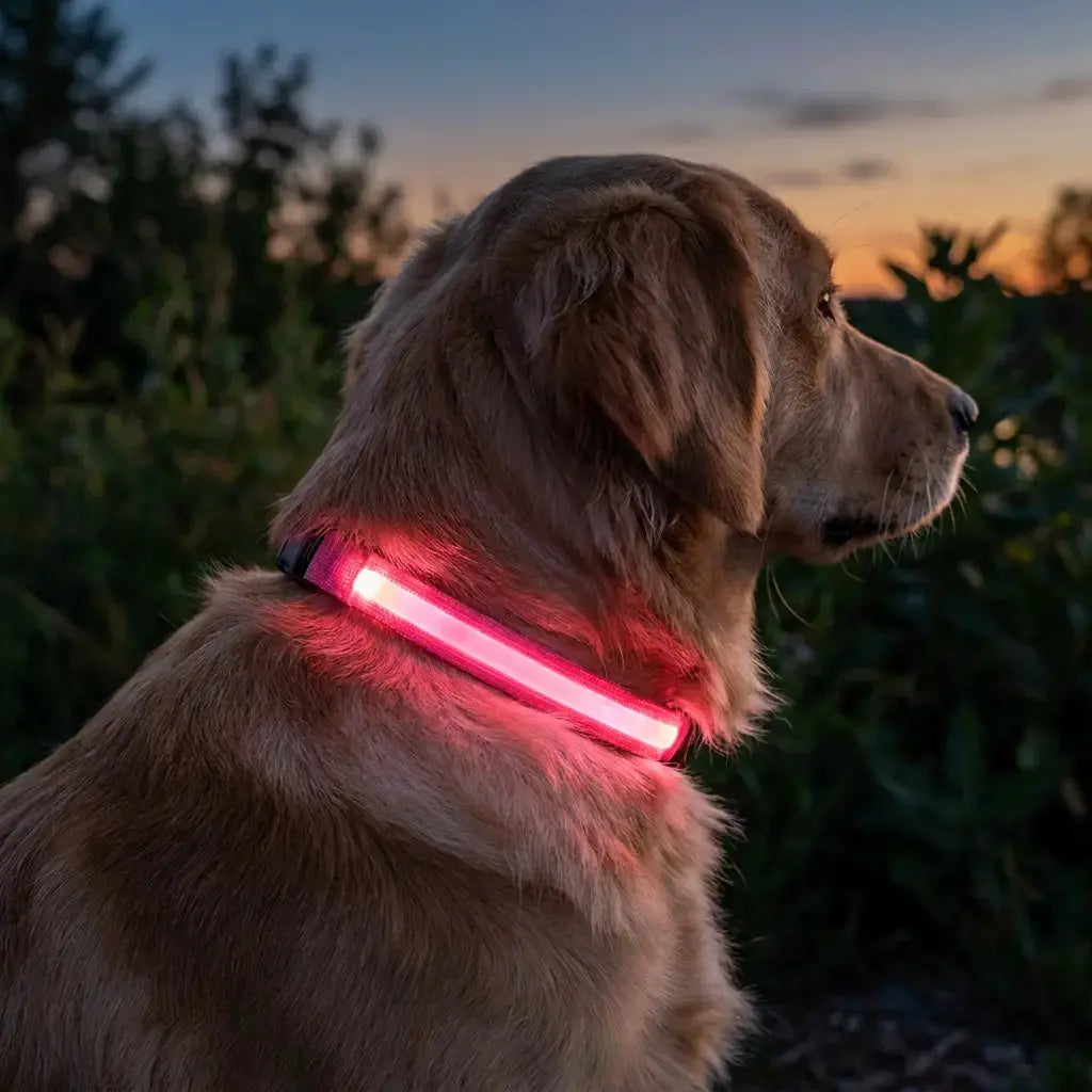 Golden retriever wearing a GlowCollar™ LED collar outdoors at dusk