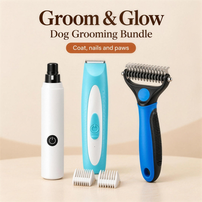 Groom & Glow Dog Grooming Bundle with NailPaws™ nail grinder, GroomPaws™ paw fur trimmer and TidyPaws™ dematting comb