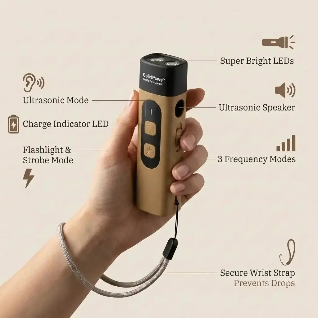 QuietPaws™ Gentle Bark Control ultrasonic pest control device held in a hand with features.