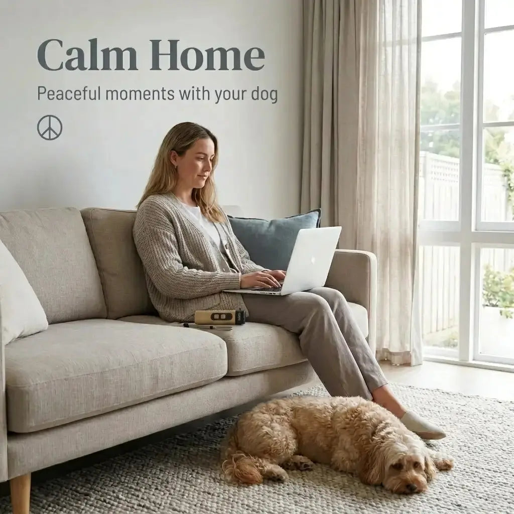A woman sitting on a couch with a laptop, accompanied by a dog, in a bright living room. with QuietPaws™ Gentle Bark Control near her
