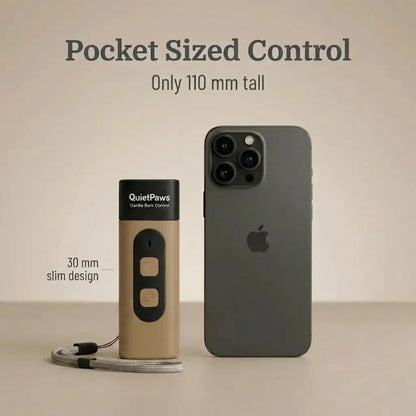 QuietPaws™ Gentle Bark Control labeled 'QuietPaws' next to a smartphone to show the size comparions of 110mm 