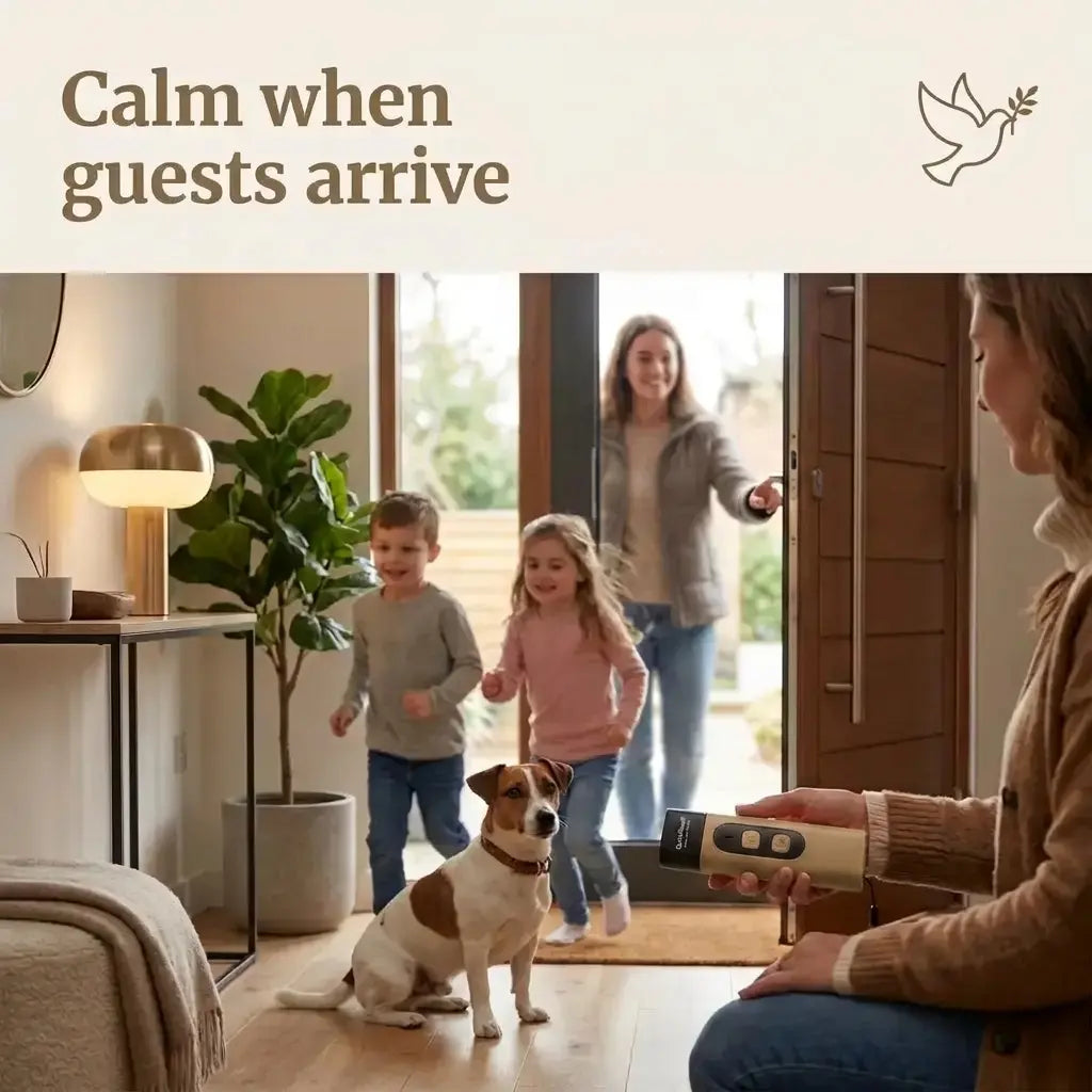 Woman greeting children and a dog with a welcome mat, text 'Calm when guests arrive' above. With the QuietPaws™ Gentle Bark Control in her hand to calm the dog when  people are at the door.