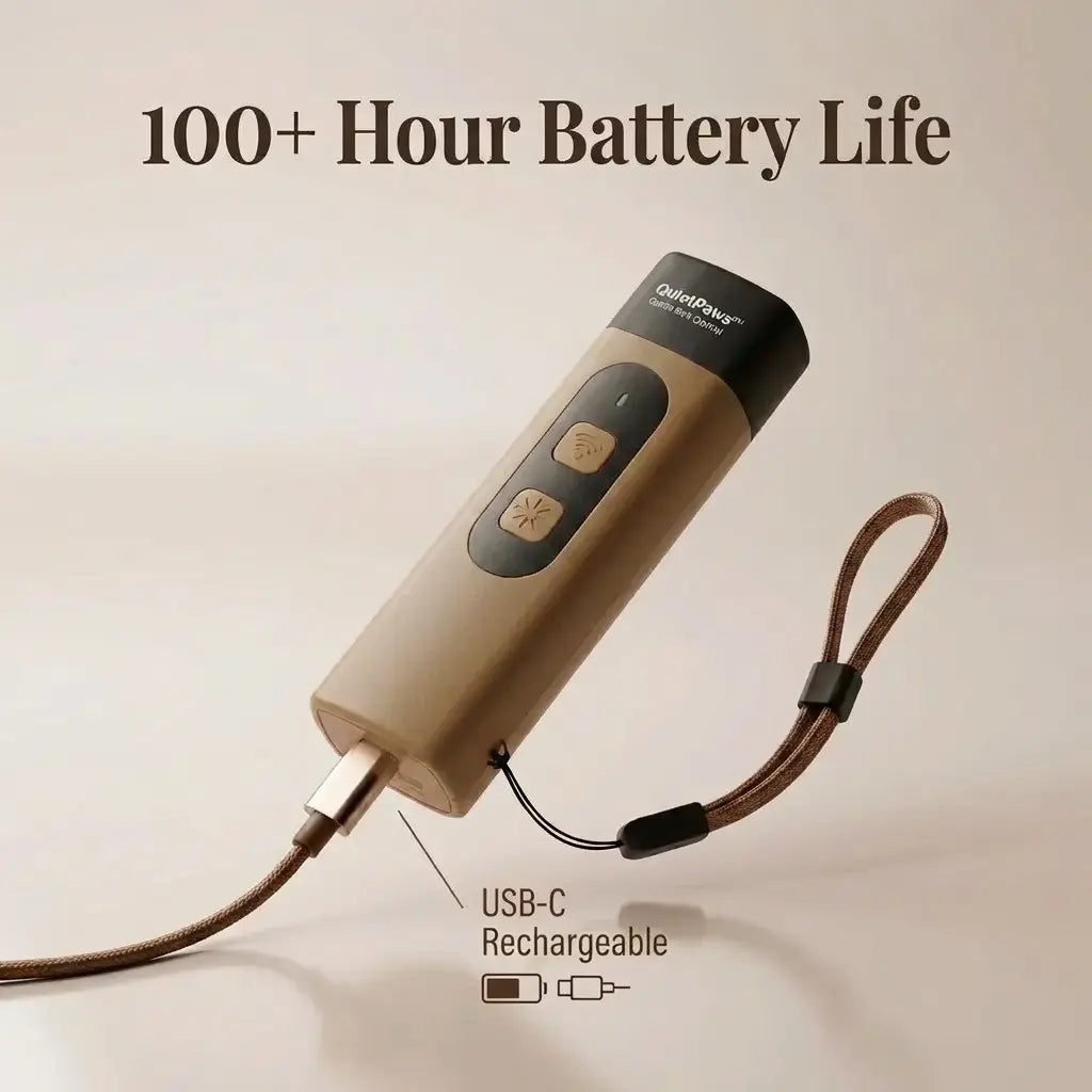 QuietPaws™ Gentle Bark Control with USB-C cable on a beige background, highlighting 100+ hour battery life.