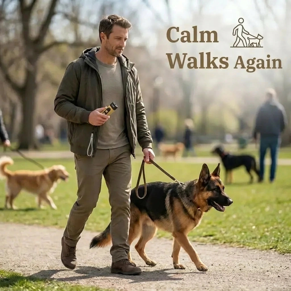Man walking a German Shepherd dog in a park with 'Calm Walks Again' with the QuietPaws™ Gentle Bark Control in his hand
