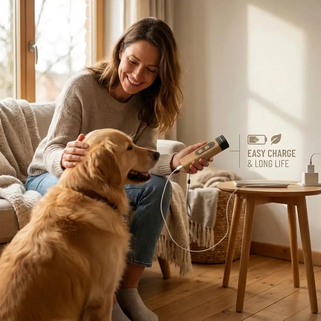 A woman sitting with a dog in a living room, holding a QuietPaws™ Gentle Bark Control 'Easy Charge & Long Life'.