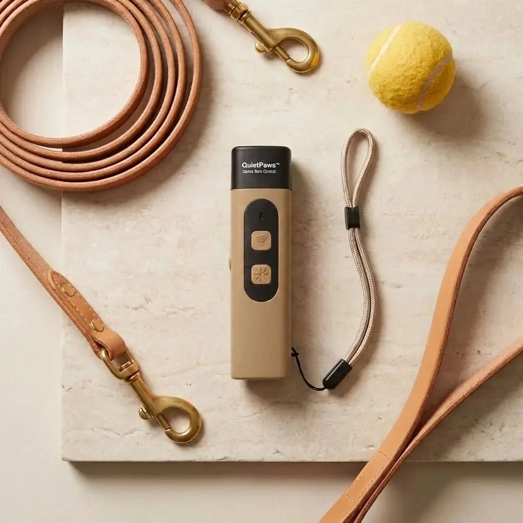 QuietPaws™ Gentle Bark Control device with leashes and a tennis ball on a light surface