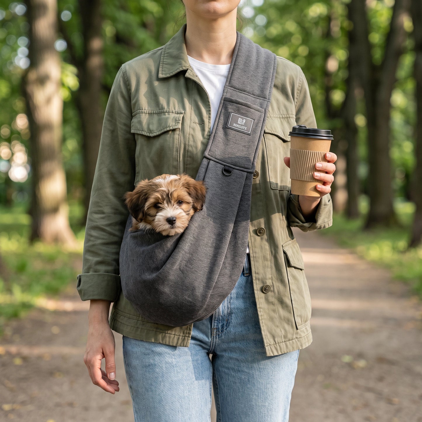 CarryPaws dog sling carrier in Dark Grey, worn cross body by a woman holding a coffee cup on a park walk