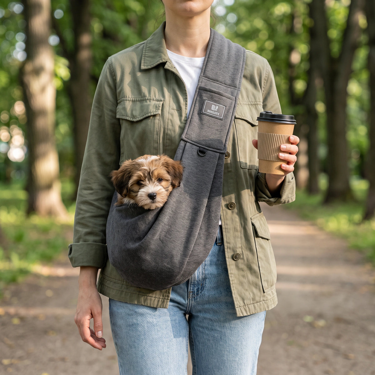 CarryPaws dog sling carrier in Dark Grey, worn cross body by a woman holding a coffee cup on a park walk