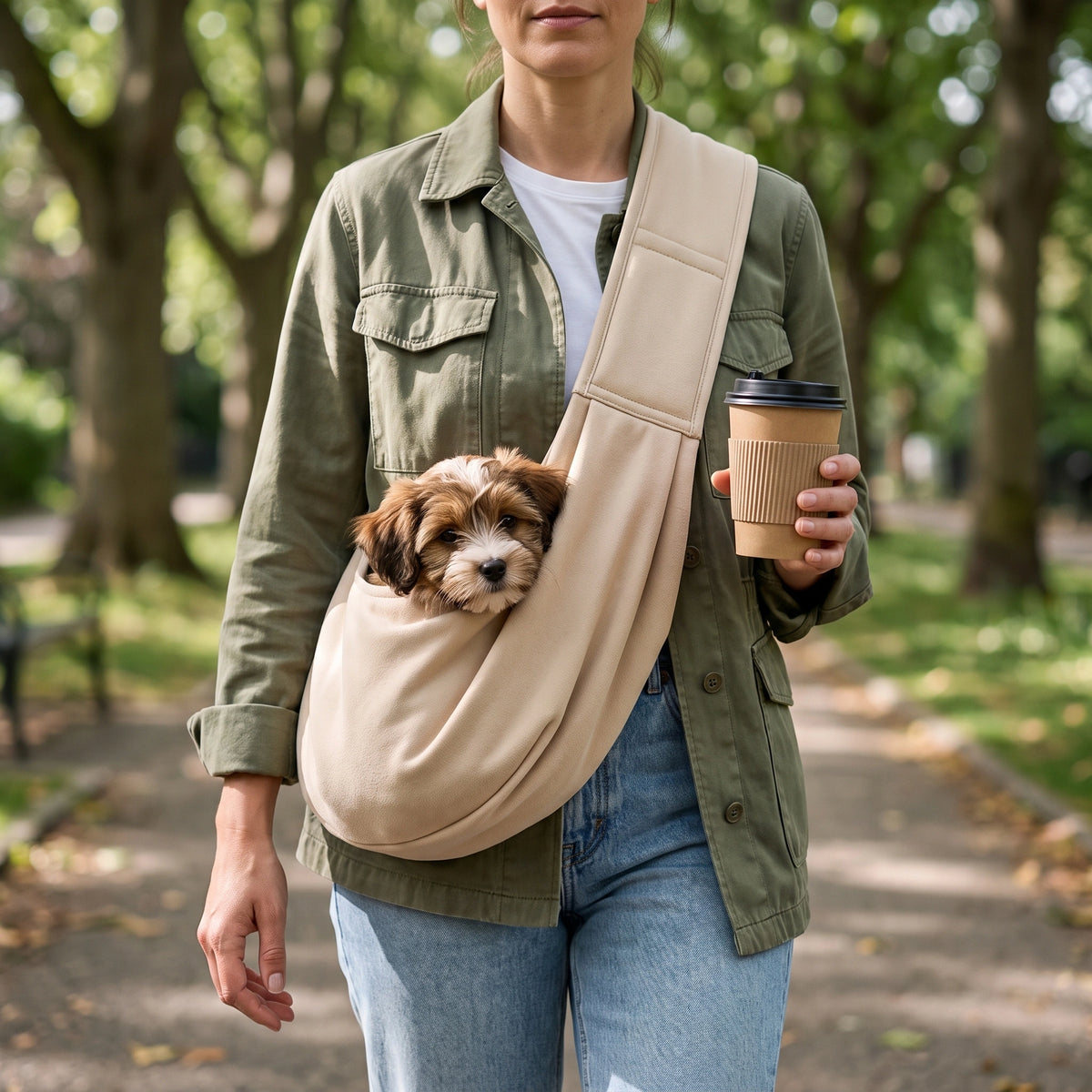 CarryPaws dog sling carrier in Beige, worn cross body by a woman holding a coffee cup on a park walk