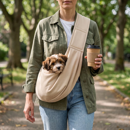 CarryPaws dog sling carrier in Beige, worn cross body by a woman holding a coffee cup on a park walk