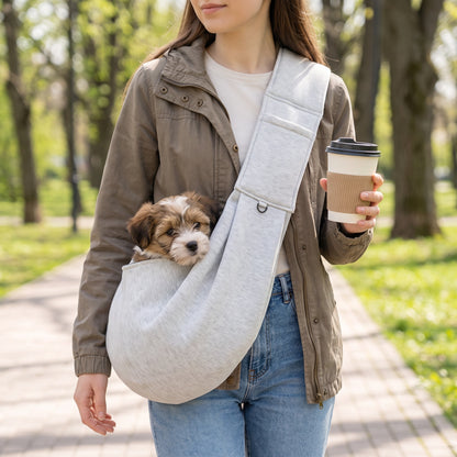 CarryPaws dog sling carrier in Light Grey, worn cross body by a woman holding a coffee cup on a park walk