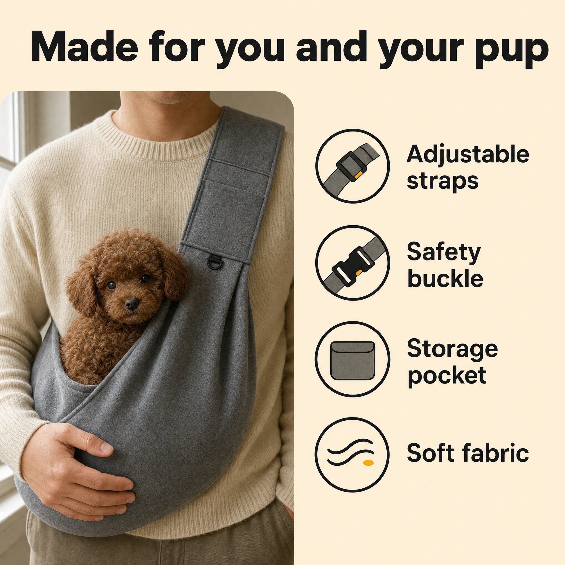 CarryPaws dog sling carrier benefits graphic: adjustable straps, safety buckle, storage pocket and soft fabric