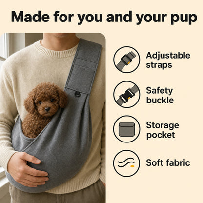 CarryPaws dog sling carrier benefits graphic: adjustable straps, safety buckle, storage pocket and soft fabric