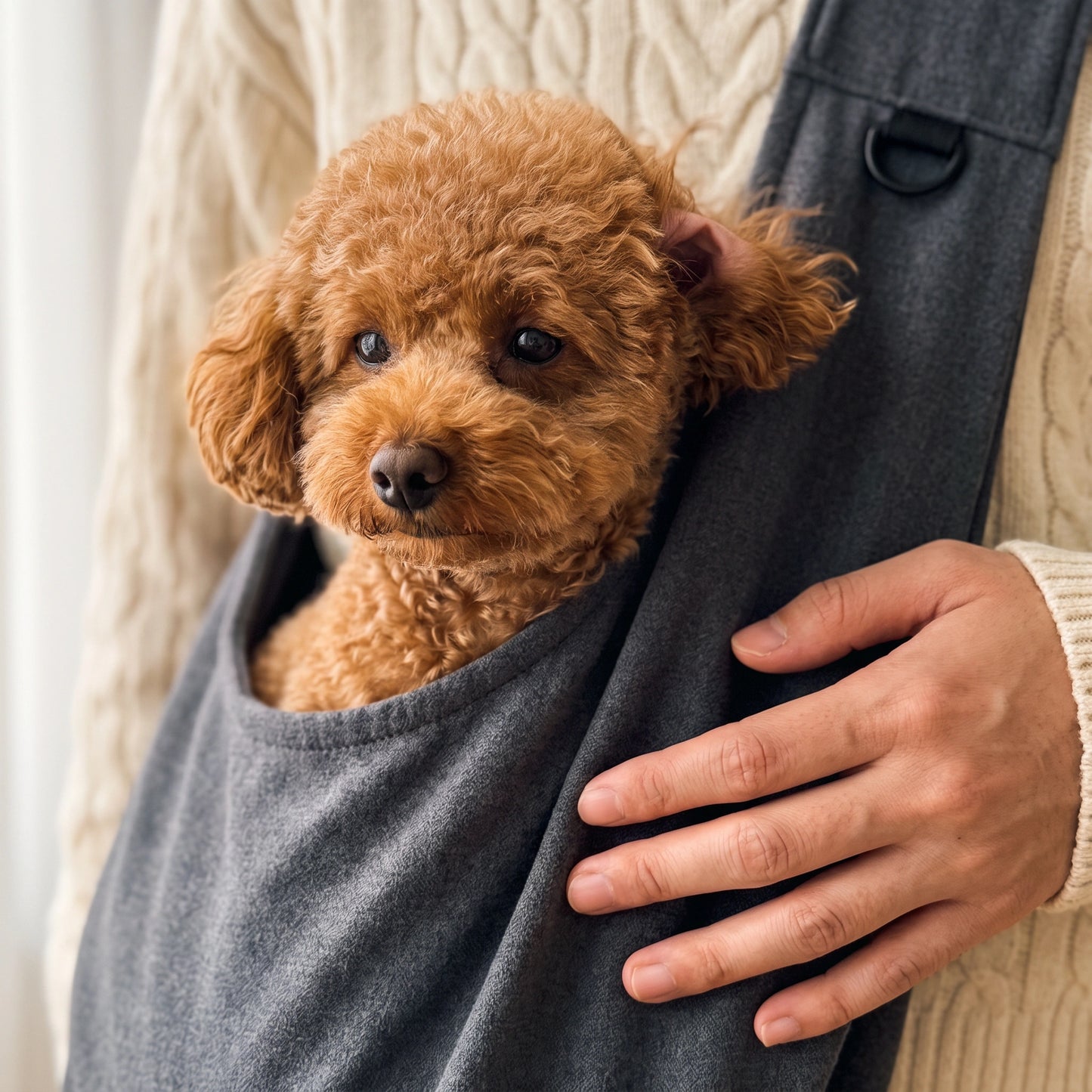 Apricot toy poodle puppy peeking out of a CarryPaws Dark Grey dog sling carrier