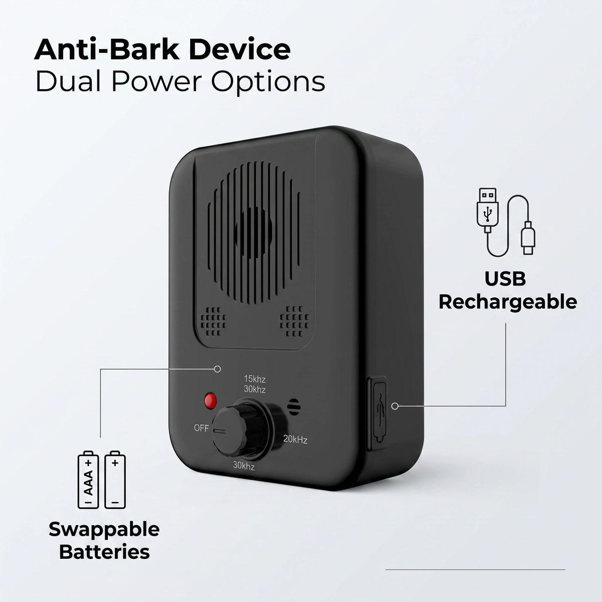QuietPaws Home Alone anti-barking device dual power USB rechargeable and battery options