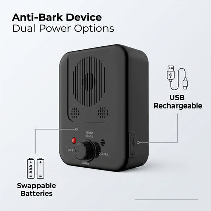 QuietPaws Home Alone anti-barking device dual power USB rechargeable and battery options