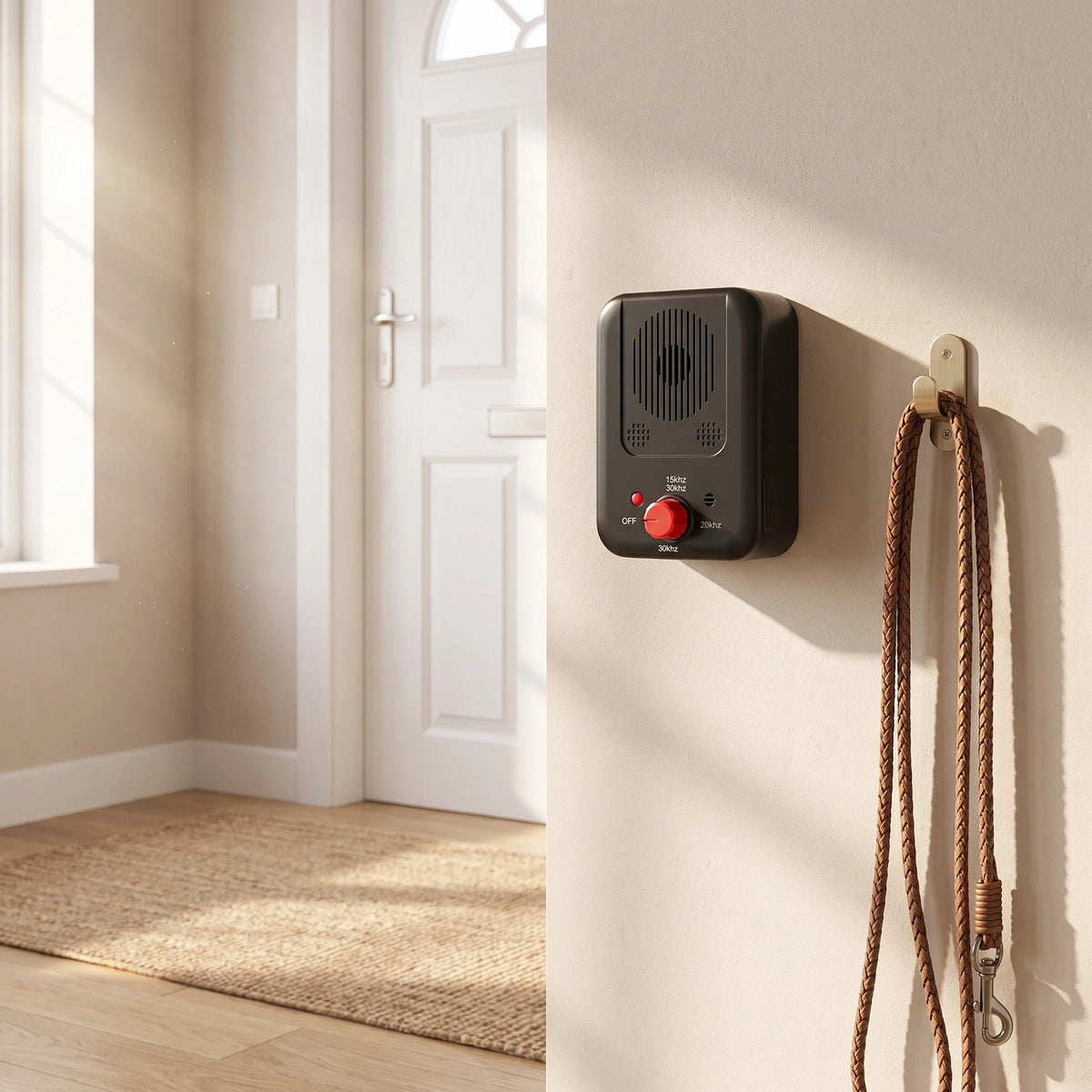 QuietPaws Home Alone anti-barking device wall mounted in home entryway beside dog leash