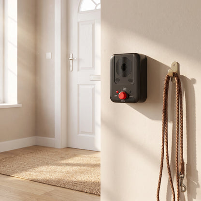 QuietPaws Home Alone anti-barking device wall mounted in home entryway beside dog leash