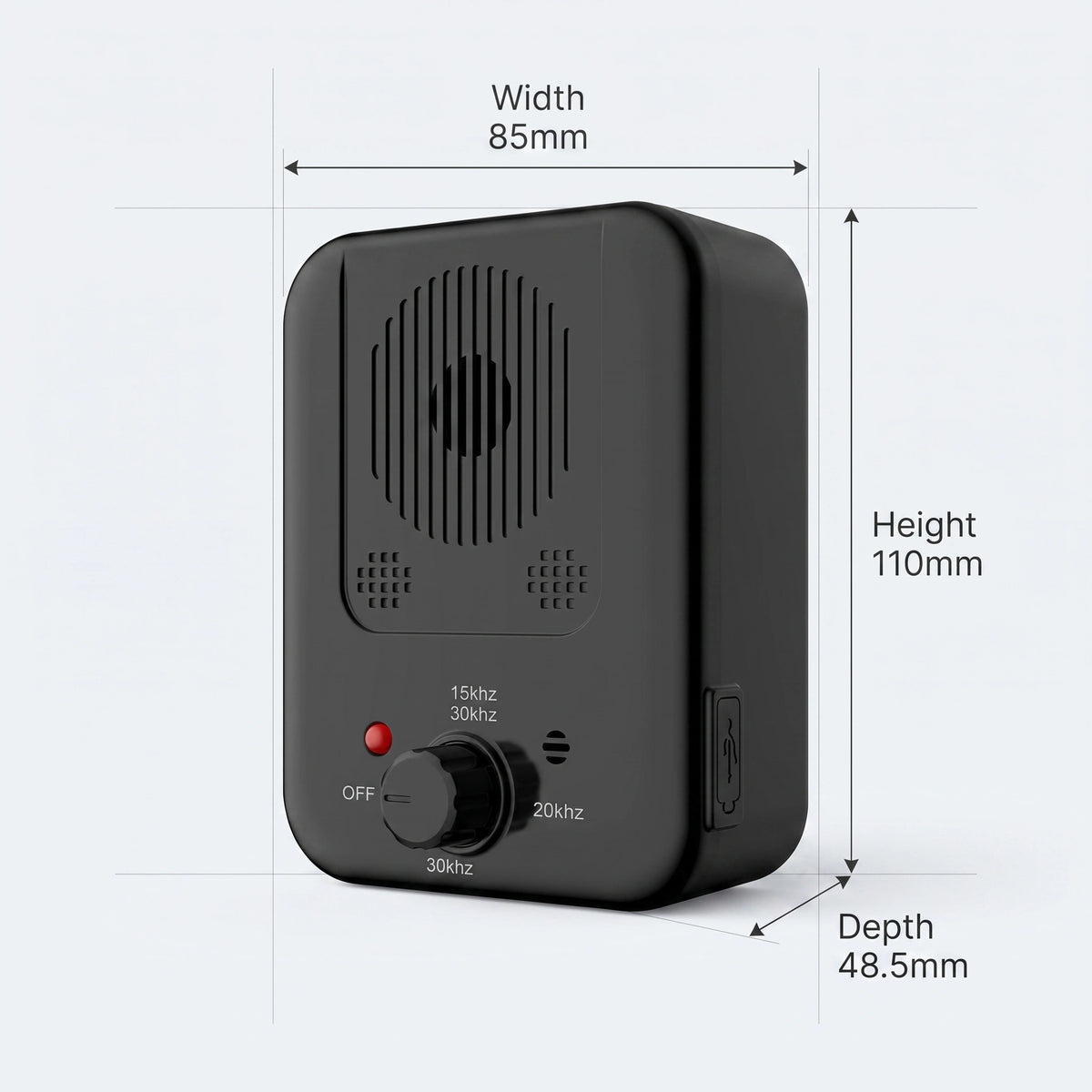 QuietPaws Home Alone ultrasonic anti-barking device dimensions 85mm x 110mm x 48.5mm