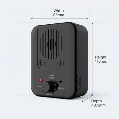 QuietPaws Home Alone ultrasonic anti-barking device dimensions 85mm x 110mm x 48.5mm