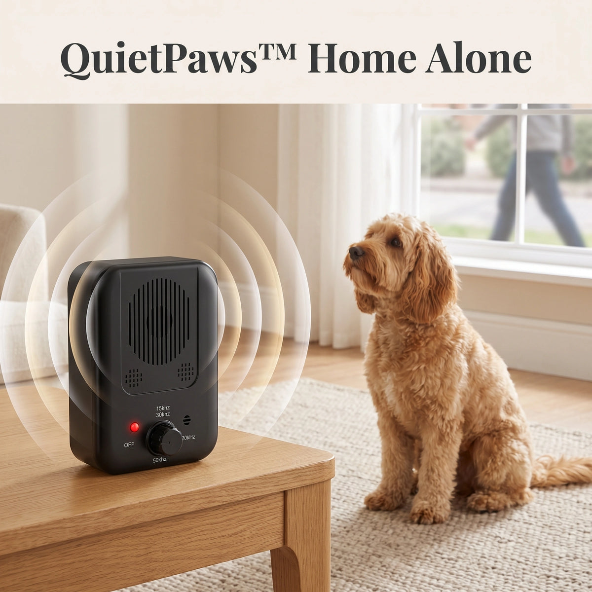 QuietPaws Home Alone automatic anti-barking device on side table with calm dog in living room