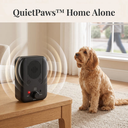 QuietPaws Home Alone automatic anti-barking device on side table with calm dog in living room