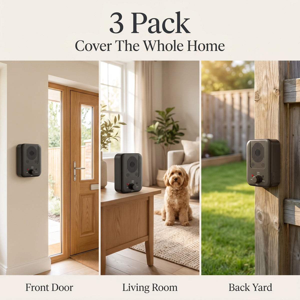 QuietPaws Home Alone 3 Pack anti-barking devices for front door, living room and back yard