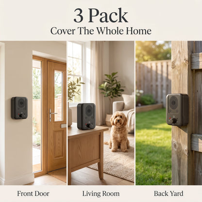 QuietPaws Home Alone 3 Pack anti-barking devices for front door, living room and back yard