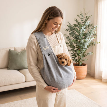Woman carrying her puppy in a CarryPaws dog sling carrier at home